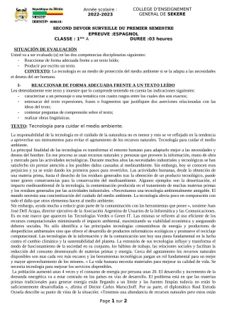Première page de Espagnol 1ère A2 — 2e devoir surveillé, 1er semestre (2022-2023) · CEG SEKERE