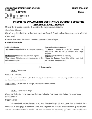 Première page de Philosophie Tle C, Tle D — 1re évaluation sommative, 2e semestre (2018-2019) · CEG L'Entente
