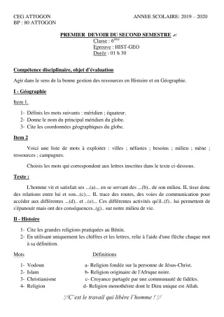 Première page de Histoire-Géographie 6e — 1er devoir surveillé, 2e semestre (2019-2020) · CEG Attogon