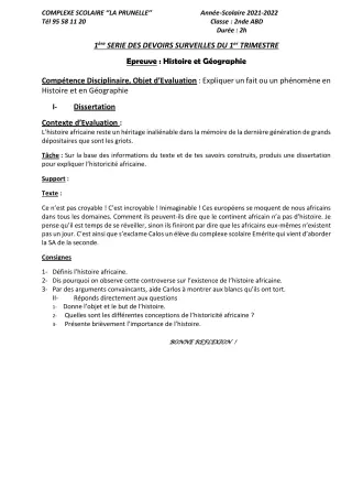 Première page de Histoire-Géographie 2nde B, 2nde D, 1ère B, 1ère D, Tle A2, Tle B, Tle D — 1er devoir surveillé, 1er trimestre (2021-2022) · CEPG La Prunelle de Dieu