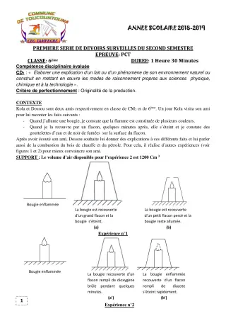 Première page de PCT 6e, 5e, 4e, 4e ML, 3e, 3e ML — 1er devoir surveillé, 2e semestre (2018-2019) · CEG TAMPÈGRÉ