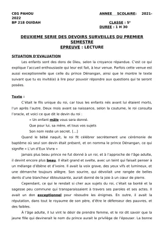 Première page de Français 5e — 2e devoir surveillé, 1er semestre (2021-2022) · CEG PAHOU