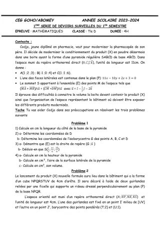 Première page de Mathématiques Tle D — 1er devoir surveillé, 1er semestre (2023-2024) · CEG GOHO