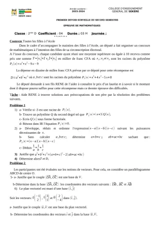 Première page de Mathématiques 2nde D — 1er devoir surveillé, 2e semestre (2023-2024) · CEG SEKERE