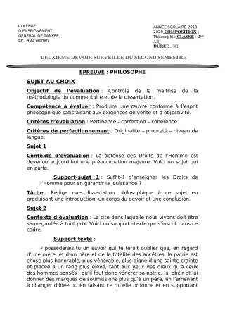 Première page de Philosophie 2nde A & B — 2e devoir surveillé, 2e semestre (2019-2020) · CEG Tankpè