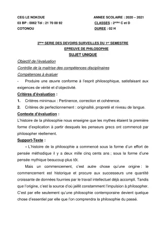 Première page de Philosophie 2nde C, 2nde D — 2e devoir surveillé, 1er semestre (2020-2021) · CEG LE NOKOUE