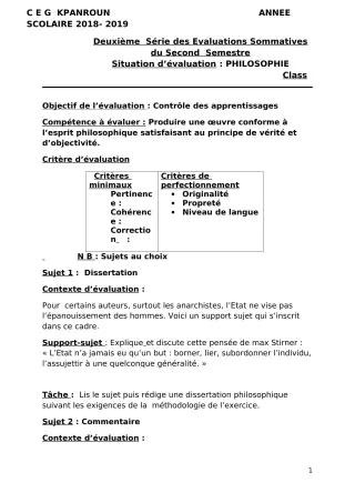 Première page de Philosophie 1ère A — 2e évaluation sommative, 2e semestre (2018-2019) · CEG Kpanroun