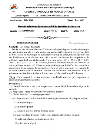 Première page de Mathématiques 4e — Devoir surveillé, 3e trimestre (2021-2022) · Hibiscus 1er cycle