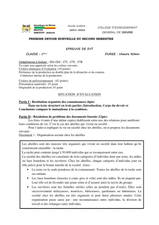 Première page de SVT 5e — 1er devoir surveillé, 2e semestre (2021-2022) · CEG SEKERE