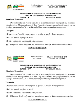 Première page de Français 6e — 2e devoir surveillé (2023-2024) · CEG SEKERE