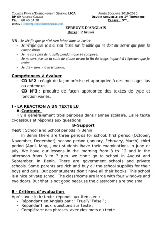 Première page de Anglais 5e — Devoir surveillé, 1er trimestre (2019-2020) · CPEG LICA