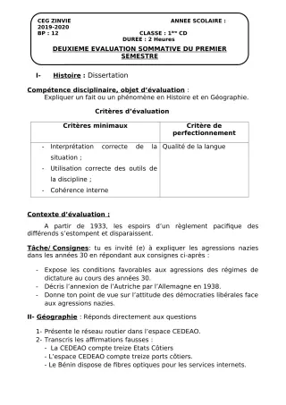 Première page de Histoire-Géographie 1ère C, 1ère D — 2e évaluation sommative, 1er semestre (2019-2020) · CEG Zinvié