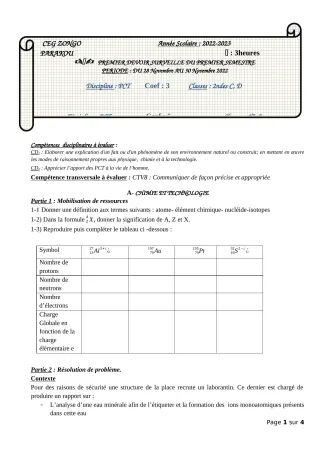 Première page de PCT 2nde C, 2nde D — 1er devoir surveillé, 1er semestre (2022-2023) · CEG ZONGO