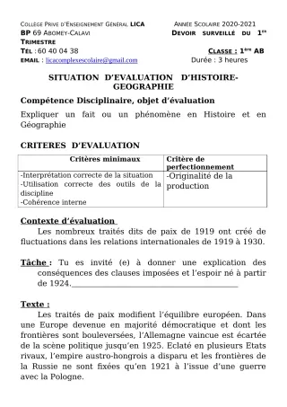 Première page de Histoire-Géographie 1ère A2, 1ère B, 1ère C, 1ère D — Devoir surveillé, 1er trimestre (2020-2021) · CPEG LICA