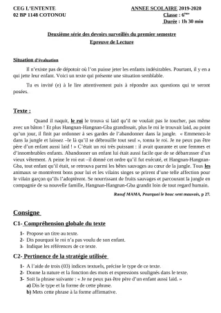 Première page de Français 6e — 2e devoir surveillé, 1er semestre (2019-2020) · CEG L'Entente
