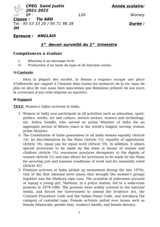 Première page de Anglais Tle A1, Tle A2, Tle B, Tle C, Tle D — 1er devoir surveillé, 1er trimestre (2021-2022) · CPEG SAINT Justin