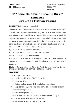 Première page de Mathématiques 2nde D — 1er devoir surveillé, 2e semestre (2019-2020) · CEG Akassato