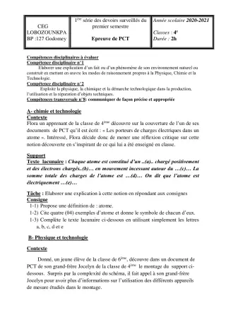 Première page de PCT 4e — 1er devoir surveillé, 1er semestre (2020-2021) · CEG Lobozounkpa