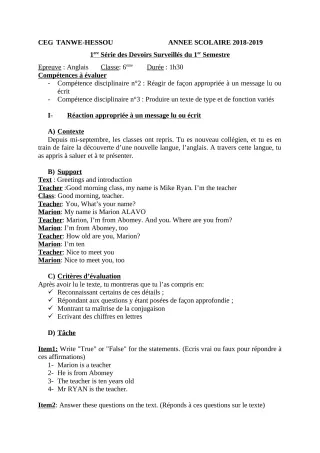 Première page de Anglais 6e — 1er devoir surveillé, 1er semestre (2018-2019) · CEG TANWE-HESSOU