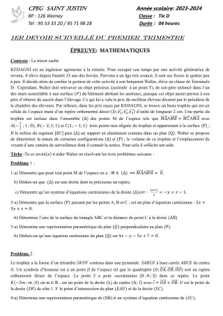 Première page de Mathématiques Tle D — 1er devoir surveillé, 1er trimestre (2023-2024) · CPEG SAINT Justin