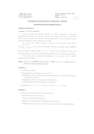Première page de Mathématiques 1ère C — 2e devoir surveillé (2018-2019) · CEG du Lac