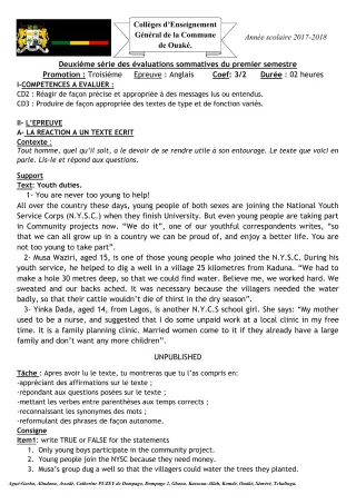 Première page de Anglais 3e, 3e ML — 2e évaluation sommative, 1er semestre (2017-2018) · CEG C.P de Dompago