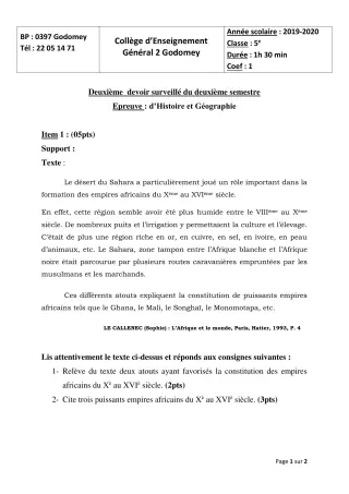 Première page de Histoire-Géographie 5e — 2e devoir surveillé, 2e semestre (2019-2020) · CEG2 Godomey