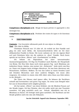 Première page de Allemand 1ère A & B — 1re évaluation sommative, 1er semestre (2022-2023) · CEG2 ABOMEY - CALAVI (CEG ZOCA)
