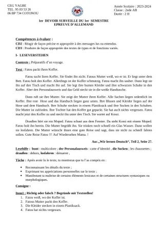 Première page de Allemand 2nde A, 2nde B — 1er devoir surveillé, 1er semestre (2023-2024) · CEG Yagbe