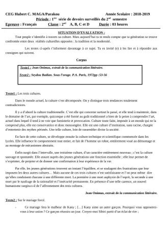 Première page de Français 2nde A1, 2nde A2, 2nde B, 2nde C, 2nde D — 1er devoir surveillé, 2e semestre (2018-2019) · CEG Hubert C. MAGA
