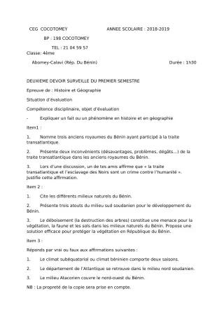 Première page de Histoire-Géographie Tle A2 — 2e devoir surveillé, 1er semestre (2018-2019) · CEG Cocotomey