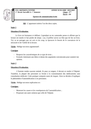 Première page de Français 3e, 3e ML — 2e devoir surveillé, 1er semestre (2019-2020) · CEG 1 Akpakpa-Centre