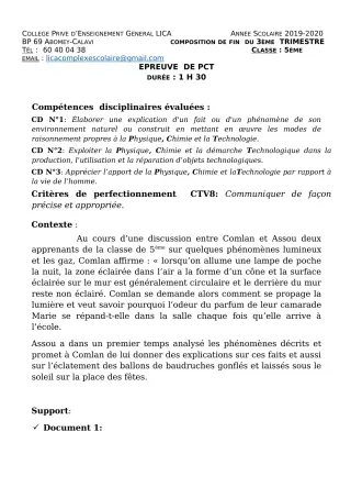 Première page de PCT 5e — 1re composition, 3e trimestre (2019-2020) · CPEG LICA