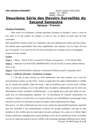 Première page de Français Tle A1, Tle B, Tle C, Tle D — 2e devoir surveillé, 2e semestre (2020-2021) · CEG Agassa Godomey