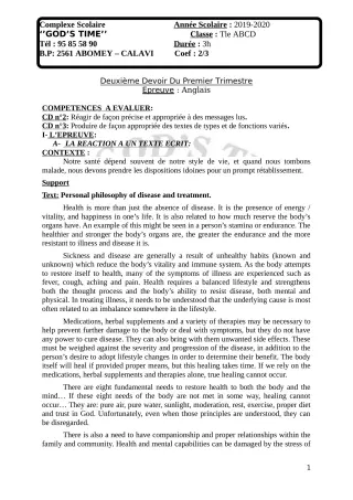 Première page de Anglais Tle A2, Tle B, Tle D — 2e devoir surveillé, 1er trimestre (2019-2020) · CPEG GOD'S TIME