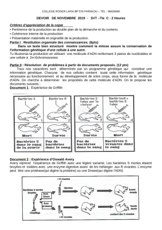 Première page de SVT Tle C — Devoir surveillé (2019-2020) · CPEG Roger LAFIA