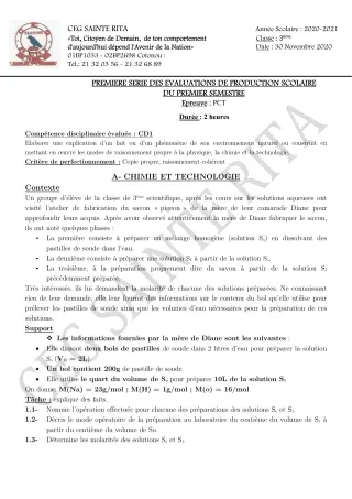 Première page de PCT 3e — Production scolaire, 1er semestre (2020-2021) · CEG Sainte Rita