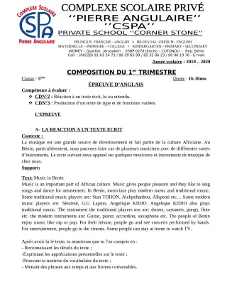 Première page de Anglais 5e — Composition, 1er trimestre (2019-2020) · CPEG PIERRE ANGULAIRE
