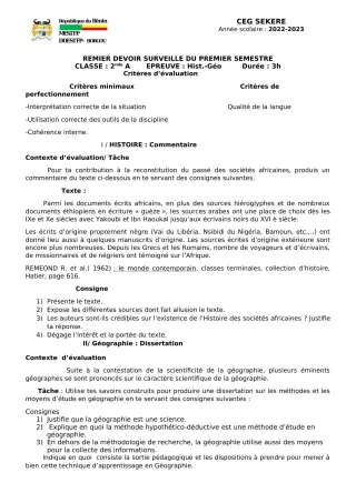 Première page de Histoire-Géographie 2nde A2 — Devoir surveillé, 1er semestre (2022-2023) · CEG SEKERE