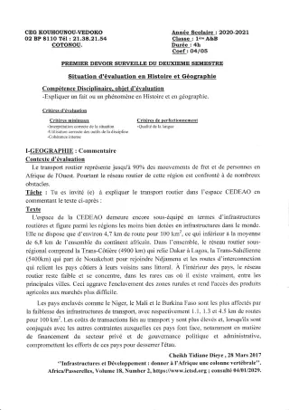 Première page de Histoire-Géographie 1ère A1, 1ère A2, 1ère B — 1er devoir surveillé (2020-2021) · CEG Kouhounou-Vêdoko