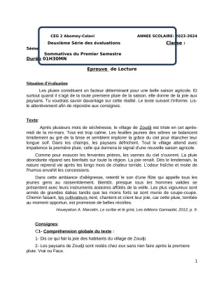 Première page de Français 5e — 2e évaluation sommative, 1er semestre (2023-2024) · CEG2 ABOMEY - CALAVI (CEG ZOCA)