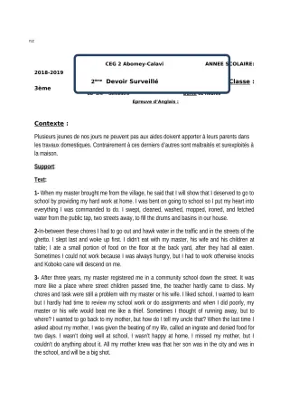 Première page de Anglais 3e, 3e ML — 2e devoir surveillé, 1er semestre (2018-2019) · CEG2 ABOMEY - CALAVI (CEG ZOCA)