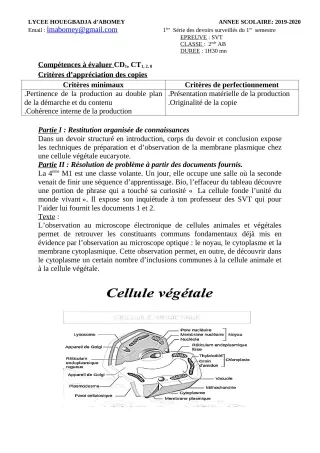 Première page de SVT 2nde B, 2nde D, 1ère B, 1ère D, Tle A & B, Tle B — 1er devoir surveillé, 1er semestre (2019-2020) · Lycée Houegbadja d'Abomey (Ex Mafory Bangoura)