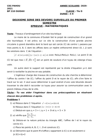 Première page de Mathématiques Tle D — 2e devoir surveillé, 1er semestre (2020-2021) · CEG PAHOU