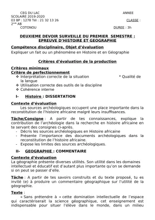Première page de Histoire-Géographie 2nde A, 2nde B — 2e devoir surveillé, 1er semestre (2019-2020) · CEG du Lac