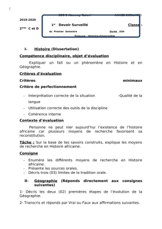 Première page de Philosophie 2nde C, 2nde D — 1er devoir surveillé, 1er semestre (2018-2019) · CEG2 ABOMEY - CALAVI (CEG ZOCA)
