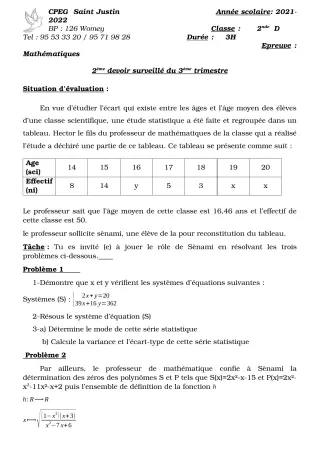 Première page de Mathématiques 2nde D, 1ère D — 2e devoir surveillé, 3e trimestre (2021-2022) · CPEG SAINT Justin
