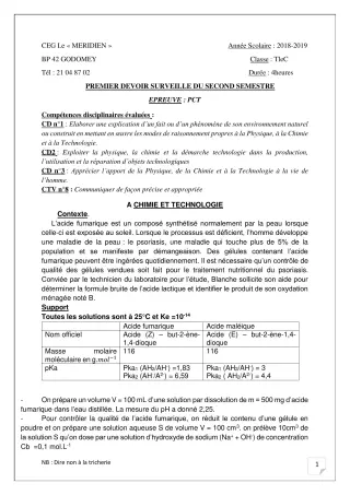 Première page de PCT Tle C — 1er devoir surveillé, 2e semestre (2018-2019) · CEG Le Méridien