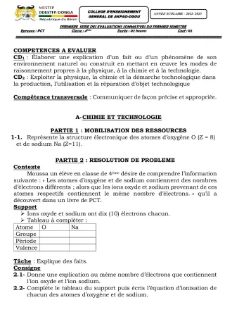 Première page de PCT 4e ML — 1re évaluation sommative, 1er semestre (2022-2023) · CEG Akpao-Ogou