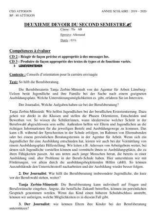 Première page de Allemand Tle A & B, Tle A1, Tle A2, Tle B — 2e devoir surveillé, 2e semestre (2019-2020) · CEG Attogon